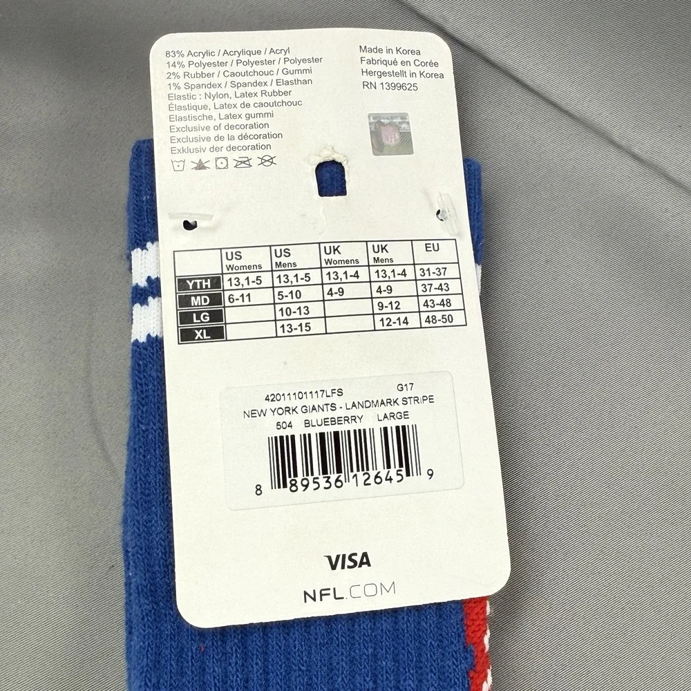 New York Giants NFL Team Apparel Landmark Stripe Socks‎ Men's Large